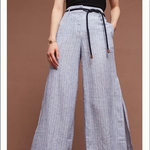 Elevenses Anthropologie Blue Striped Linen Wide Leg Split Pants Size 0